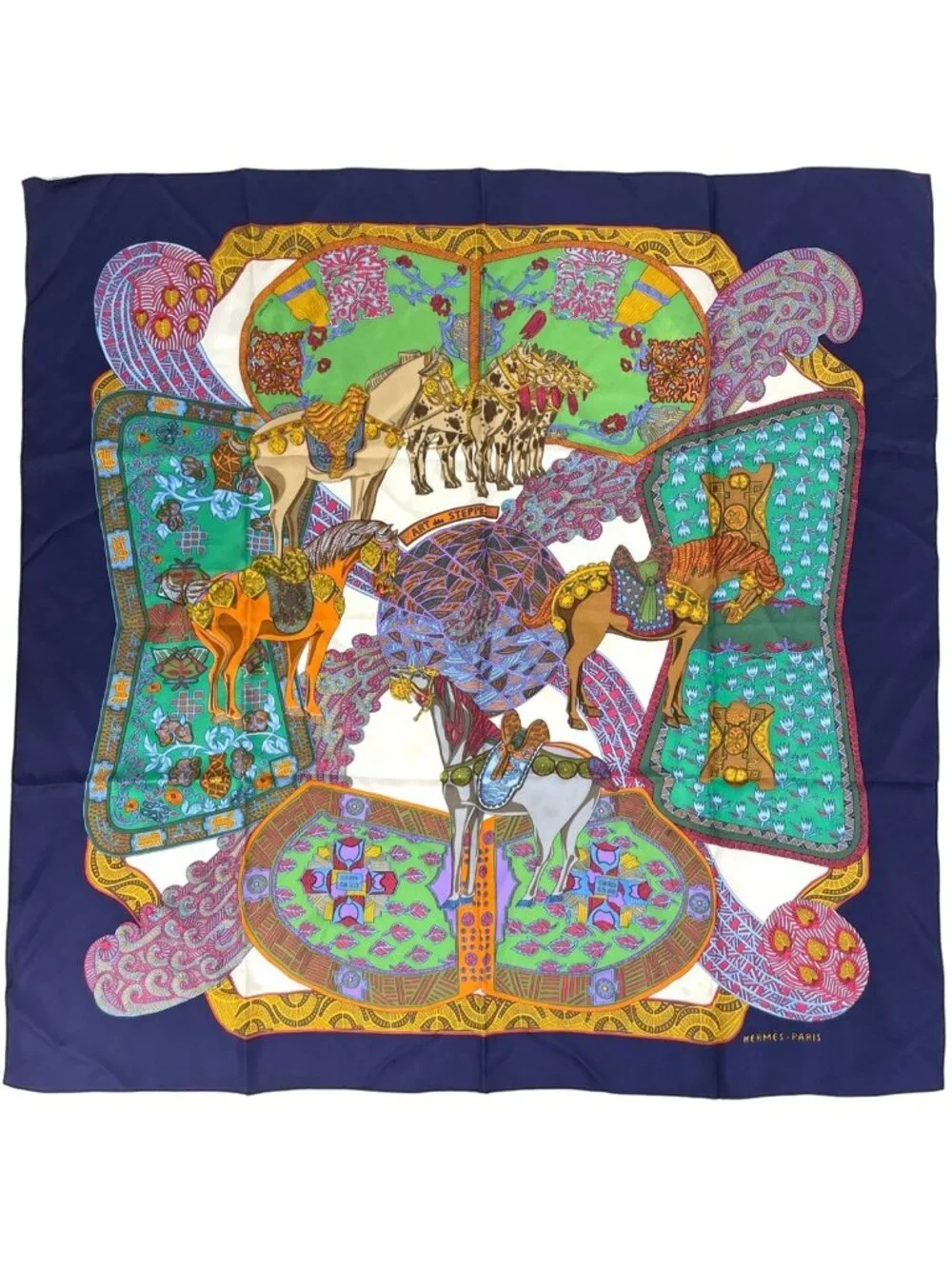 Hermes Carre 90 Art Des Steppes Scarf Silk Navy Multicolor